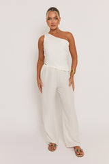 White Linen-Look Asymmetric Top And Wide Leg Trouser Co-ord Set - Allison