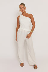 White Linen-Look Asymmetric Top And Wide Leg Trouser Co-ord Set - Allison