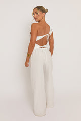White Linen-Look Asymmetric Top And Wide Leg Trouser Co-ord Set - Allison