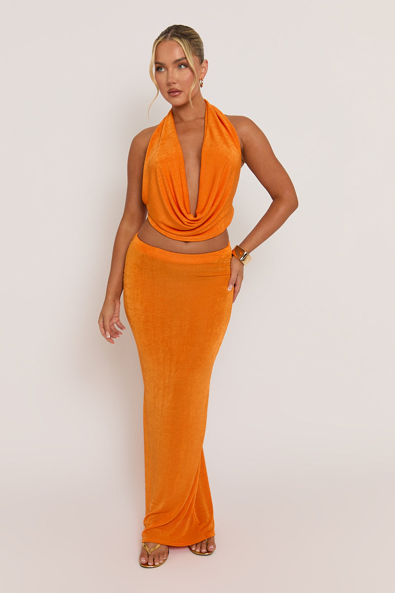 Orange Plunge Halter Top and Maxi Skirt Co-ord Set - Aaliyah