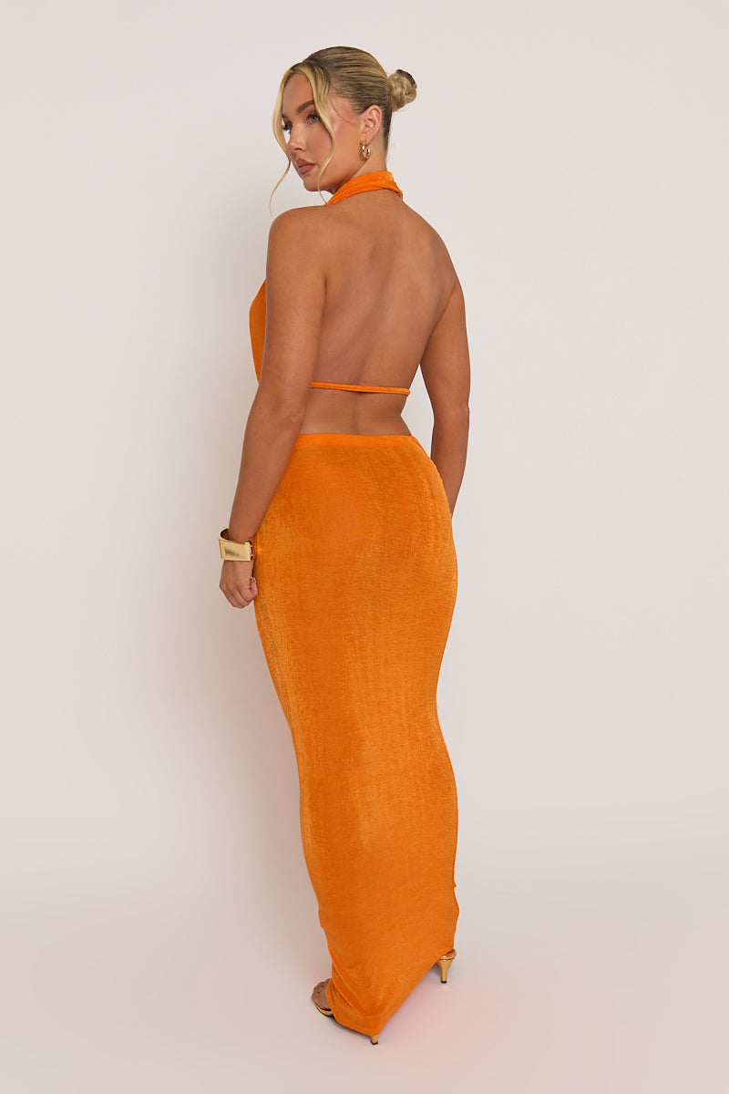 Orange Plunge Halter Top and Maxi Skirt Co-ord Set - Aaliyah