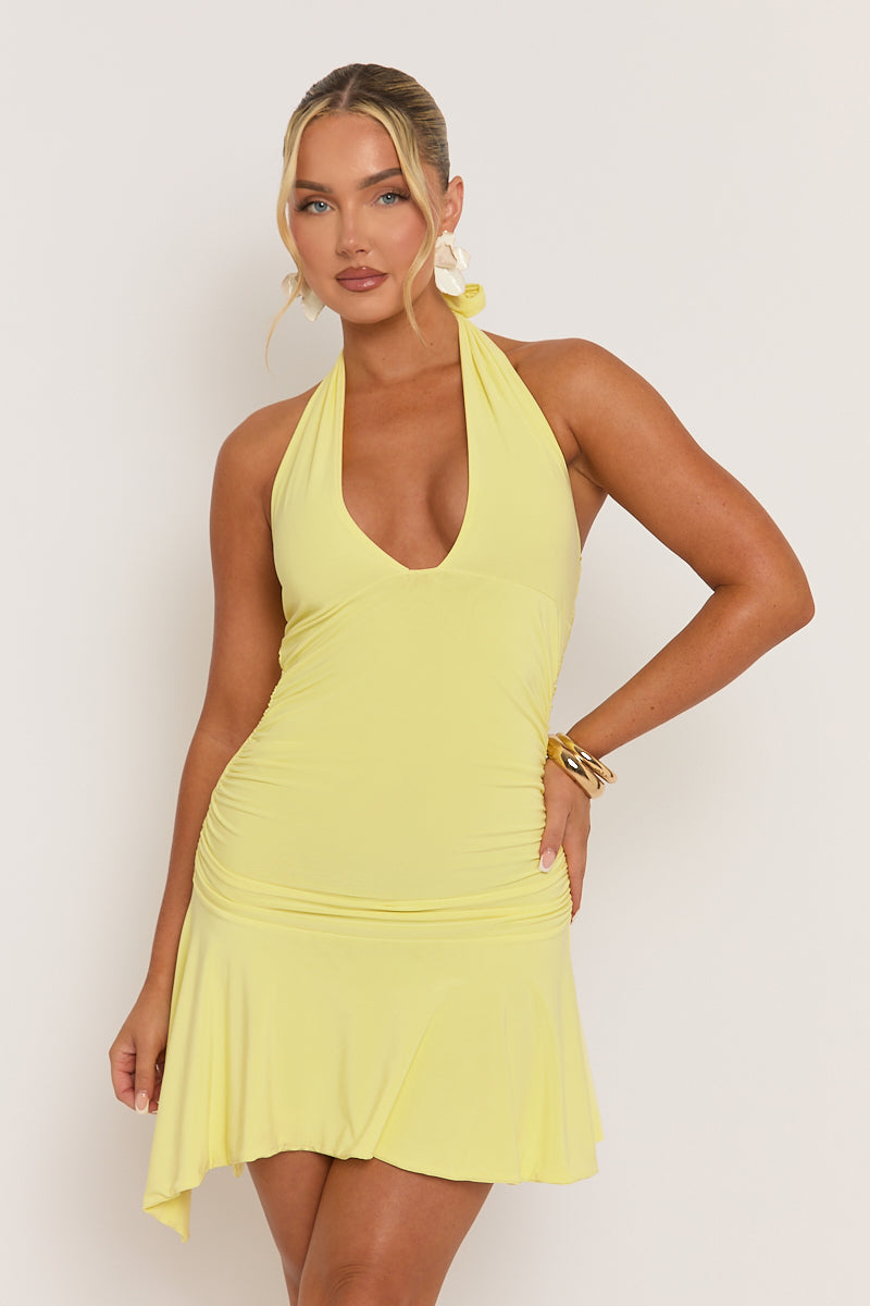 Butter Yellow Halterneck Waterfall Hem Mini Dress - Mia