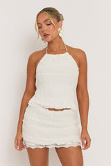 White Shirred Top and Lace Trim Mini Skirt Co-ord Set - Emily