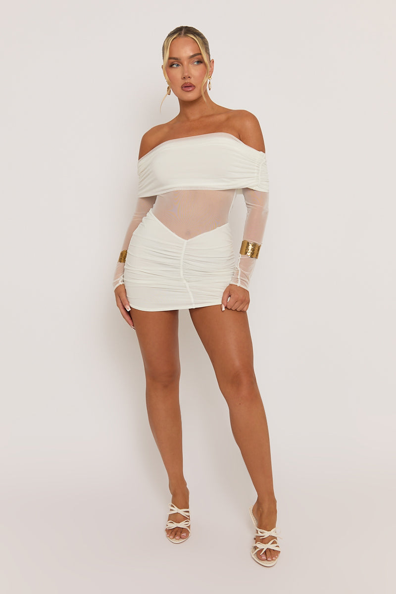 White Mesh Semi Sheer Long Sleeve Mini Dress - Lily