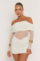 White Mesh Semi Sheer Long Sleeve Mini Dress - Lily