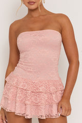 Pink Lace Bandeau Ruffle Mini Dress - Barbarella