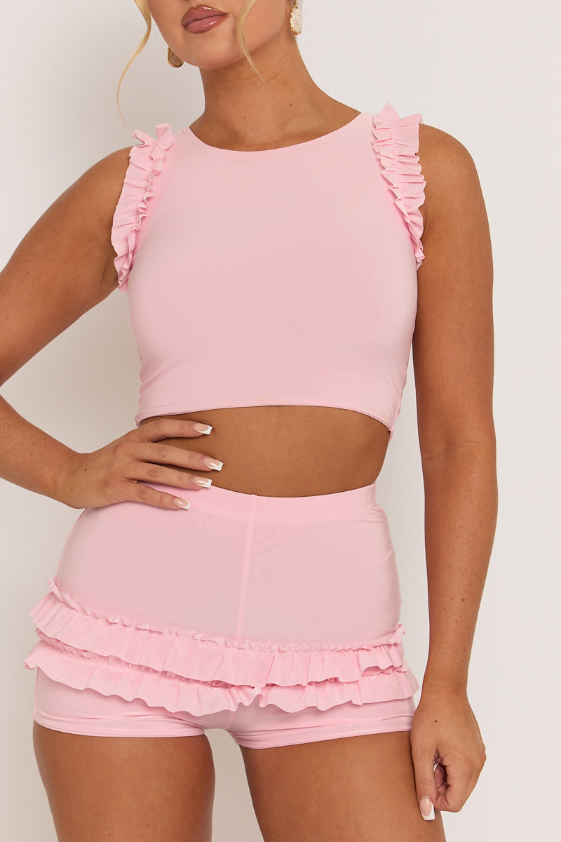 Pink Ruffle Top and Short Co-ord Set - Cambria
