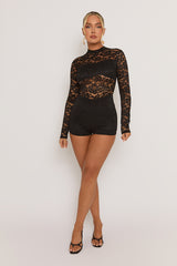 Black High Neck Lace Playsuit - Demi