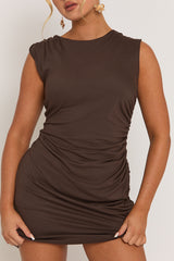Chocolate Ruched Side Shift Mini Dress - Irina