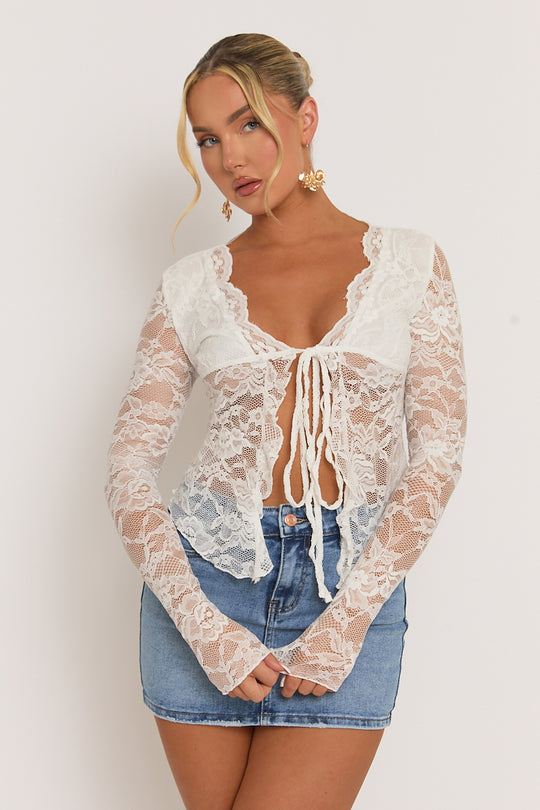 White Lace Tie Front Top - Lana