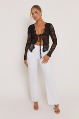 Black Lace Tie Front Top - Lana