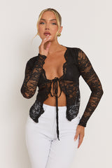 Black Lace Tie Front Top - Lana