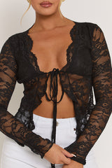 Black Lace Tie Front Top - Lana