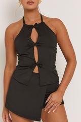 Black Halterneck Bow Detail Top and Skort Co-ord Set - Tiffany