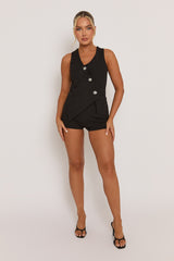 Black Asymmetric Waistcoat & Shorts Co-ord Set - Stella