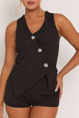 Black Asymmetric Waistcoat & Shorts Co-ord Set - Stella