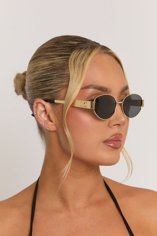 Gold Oval Frame Black Tinted Lense Sunglasses - Grady