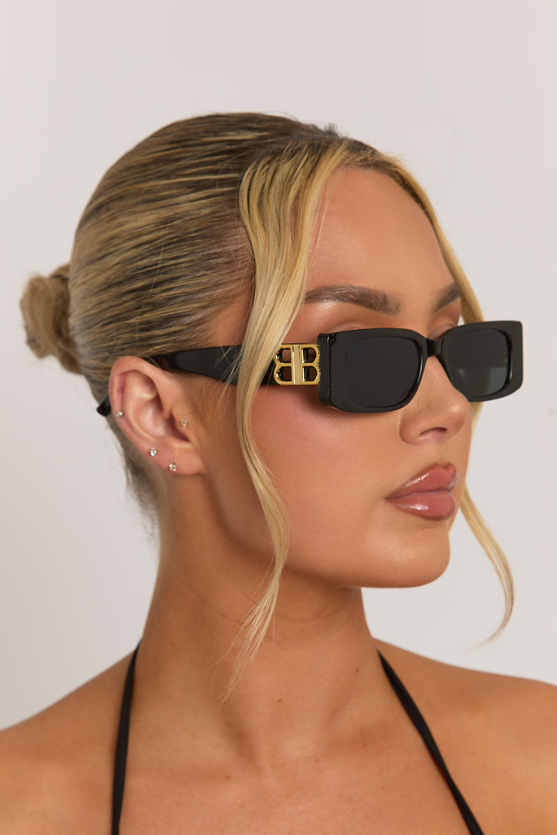 Black Rectangle Frame Side Logo Sunglasses - Gillian