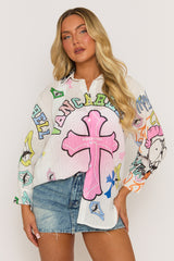 White Graffiti Print Oversized Shirt - Marina