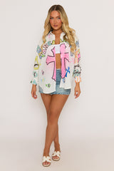 White Graffiti Print Oversized Shirt - Marina