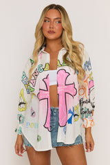White Graffiti Print Oversized Shirt - Marina