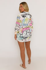 White Graffiti Print Oversized Shirt - Marina