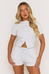 Grey Marl Rib Button Front Top and Short Loungewear Co-ord Set - Dua