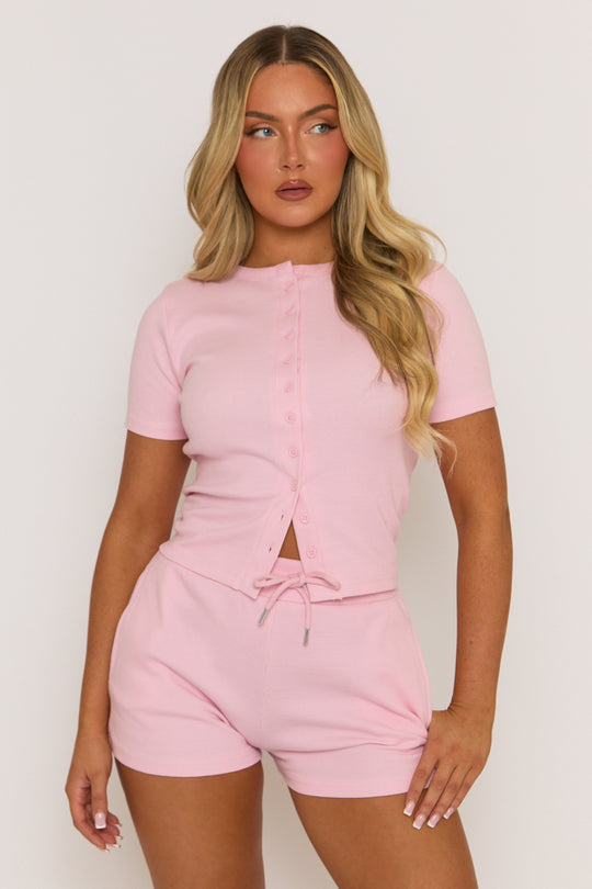 Pink Rib Button Front Top and Short Loungewear Co-ord Set - Dua