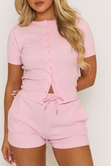Pink Rib Button Front Top and Short Loungewear Co-ord Set - Dua