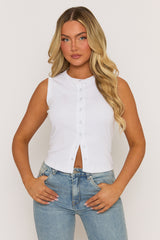 White Sleeveless Button Up Rib Top - Nikolina