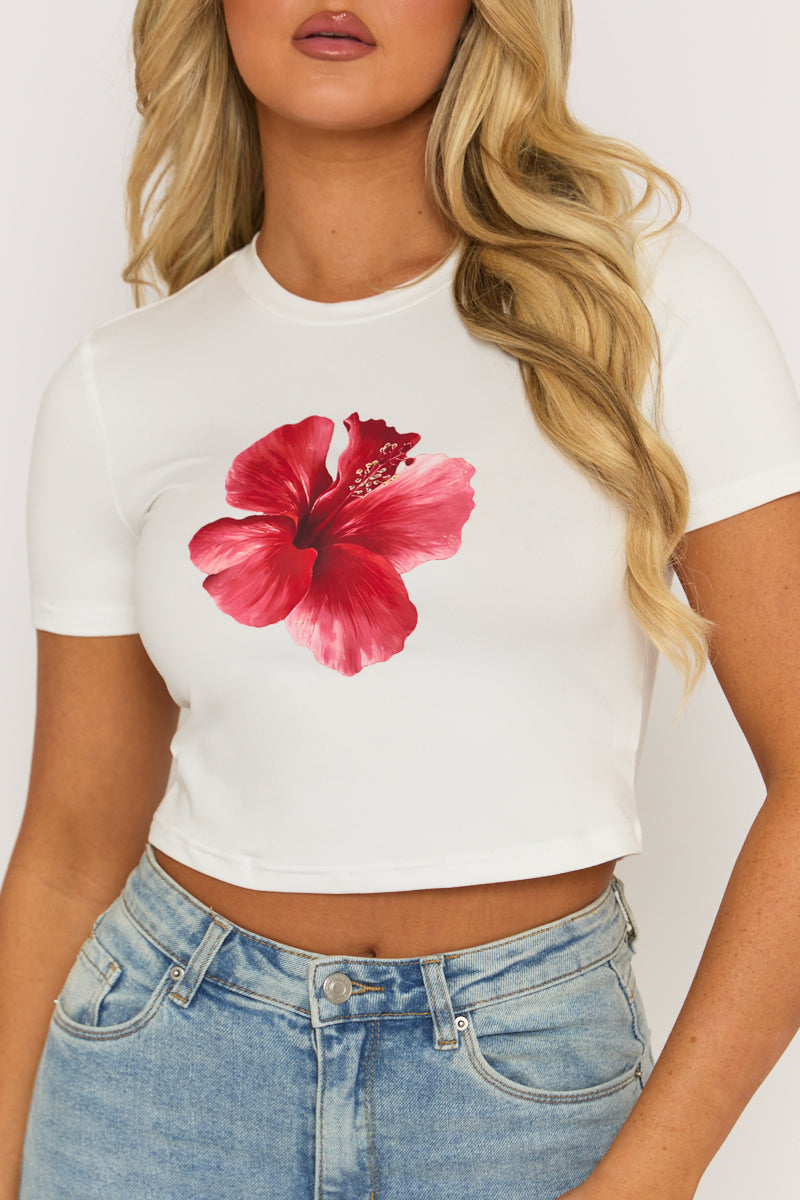 White Floral Crop Tshirt - Diletta