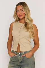 Beige Sleeve Button Up Rib Top - Nikolina