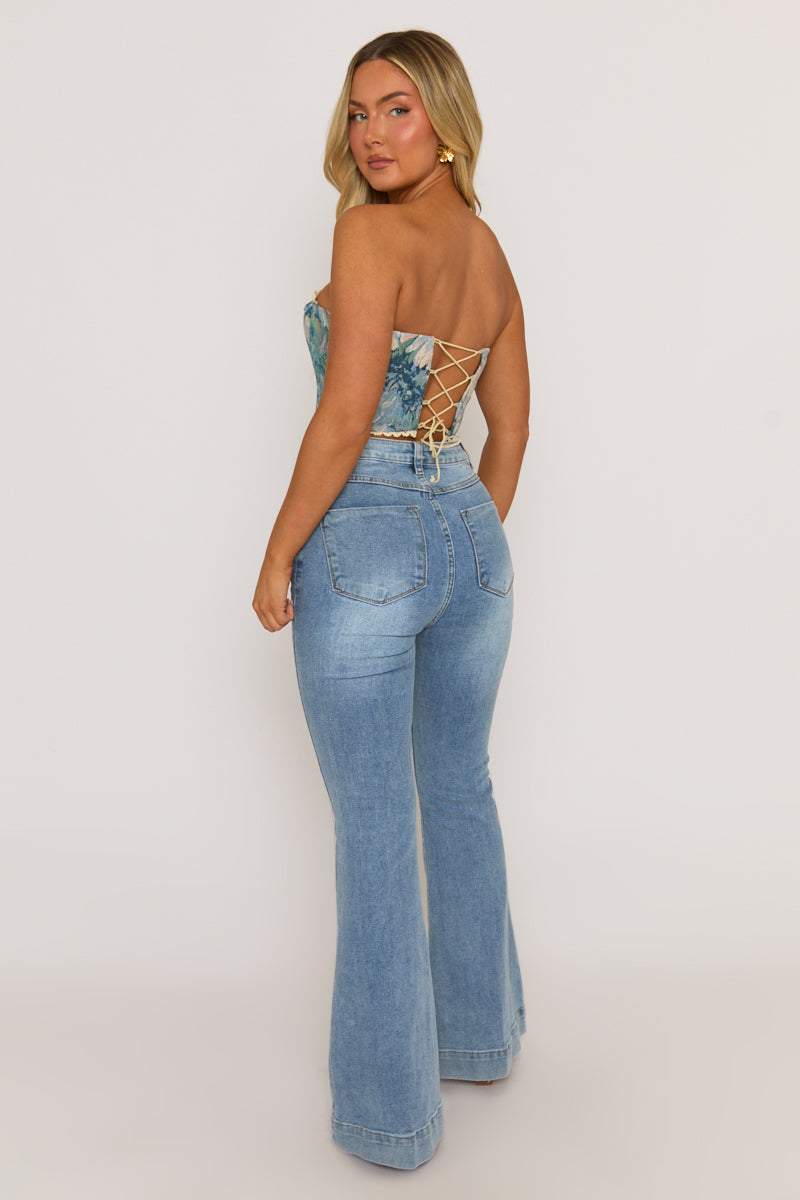Blue Floral Lace Trim Corset - Avalon
