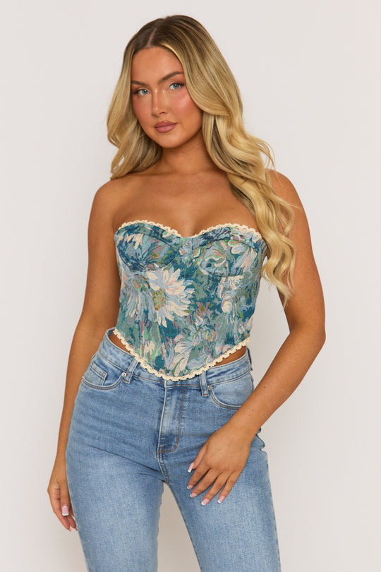 Blue Floral Lace Trim Corset - Avalon