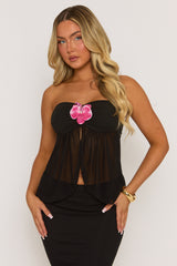 Black Mesh Flower Trim Open Front Top - Giovanna