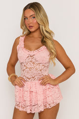 Pink Lace Ruffle Tiered Playsuit - Marjorie