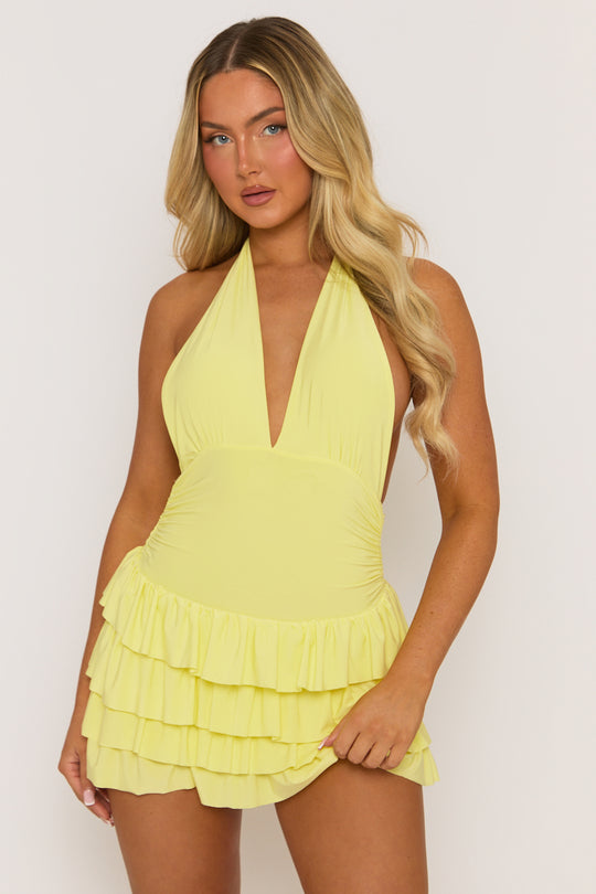 Butter Yellow Halterneck Ruffle Mini Dress - Rita