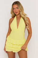 Butter Yellow Halterneck Ruffle Mini Dress - Rita