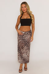 Brown Leopard Print Satin Maxi Skirt - Bonie
