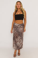Brown Leopard Print Satin Maxi Skirt - Bonie