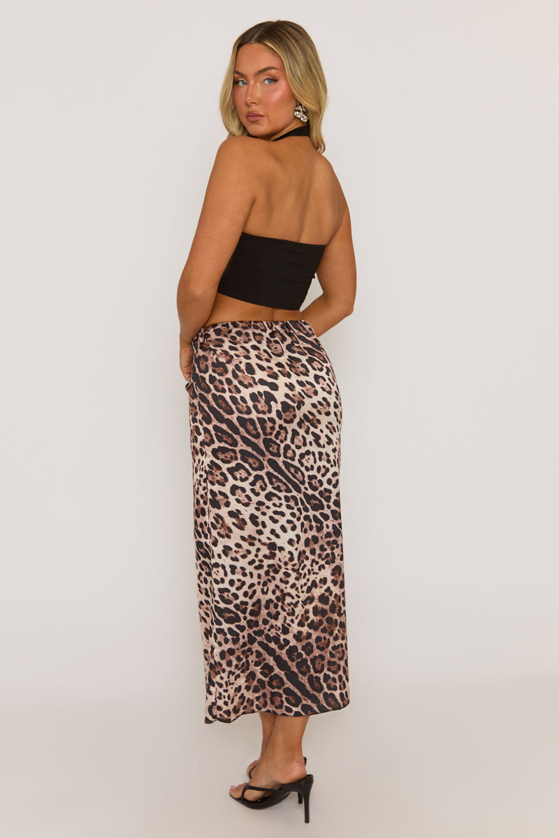 Brown Leopard Print Satin Maxi Skirt - Bonie