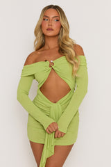 Green Cut Out Bead Trim Mini Dress - Reneta