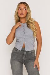 Grey Sleeveless Button Up Rib Top - Nikolina