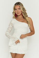 White Lace One Sleeve Frill Mini Dress - Angrid