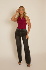 Wine Slinky Plunge Halter Top - Aino