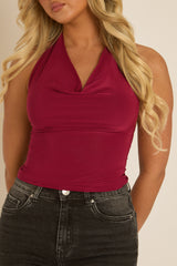 Wine Slinky Plunge Halter Top - Aino