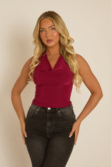 Wine Slinky Plunge Halter Top - Aino