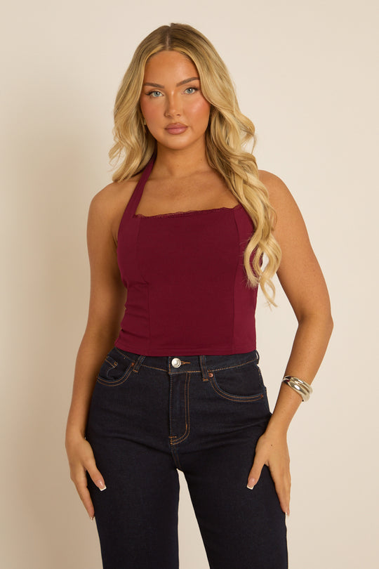 Wine Lace Trim Halter Top - Karlee