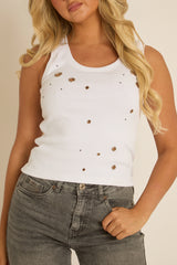 White Eyelet Detail Ribbed Vest Top - Jayla