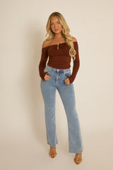 Brown Bead Trim Long Sleeve Top - Verity